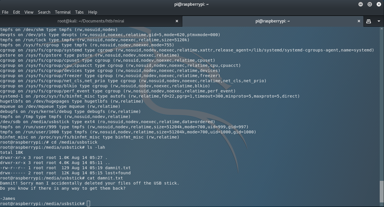 cat damnit.txt — James deleted the files