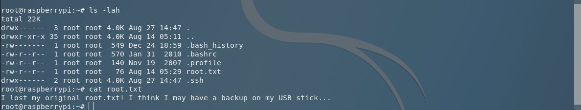 cat root.txt — message about USB backup