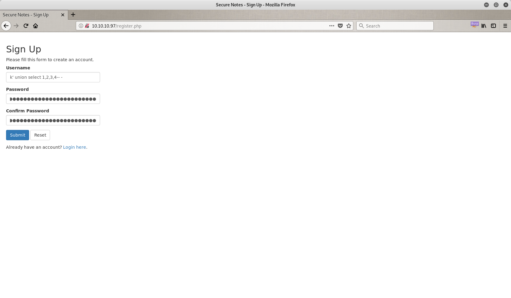 second order SQLi payload in signup form