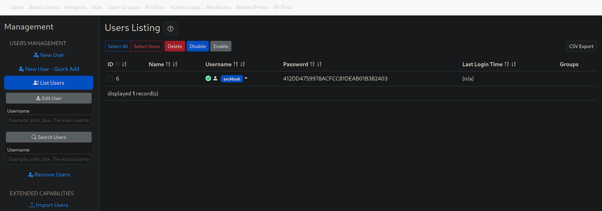 user password hash in daloRADIUS